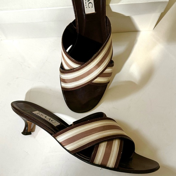 Vintage kitten heel sandals crisscrossed ribbon brown/white size 9 - Picture 12 of 13